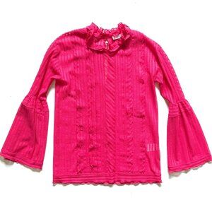IRO Gaby Blouse Top Shirt Womens 34 XS Small Pink Ruffle Crew Neck Long Sleeves